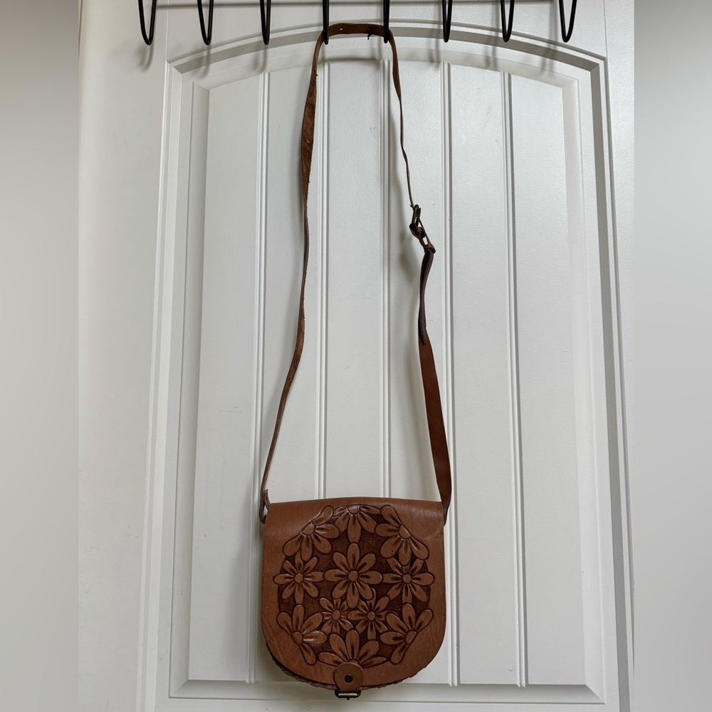 Handmade Leather Floral Embossed Crossbody Mini Saddle Bag. 8” by 7.5” by 3” - Picture 2 of 6